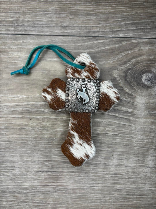 Saddle Cross - Brown/White hide,  Silver bronc concho