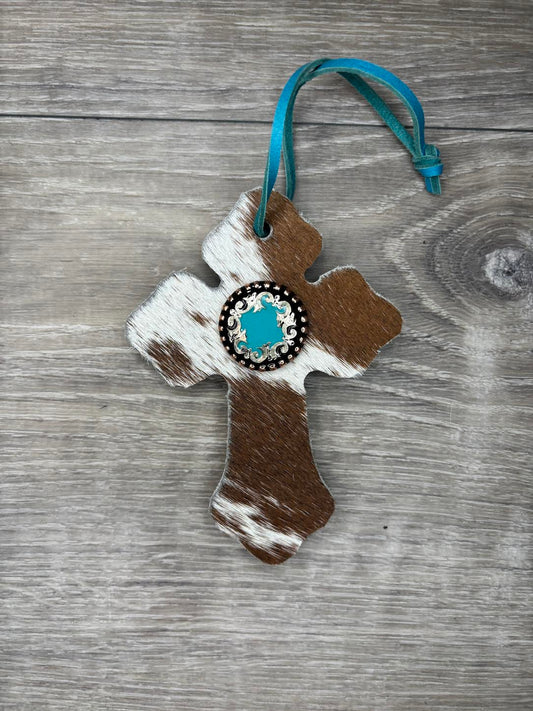 Saddle Cross - Brown/White hide, Turquoise/silver/black concho
