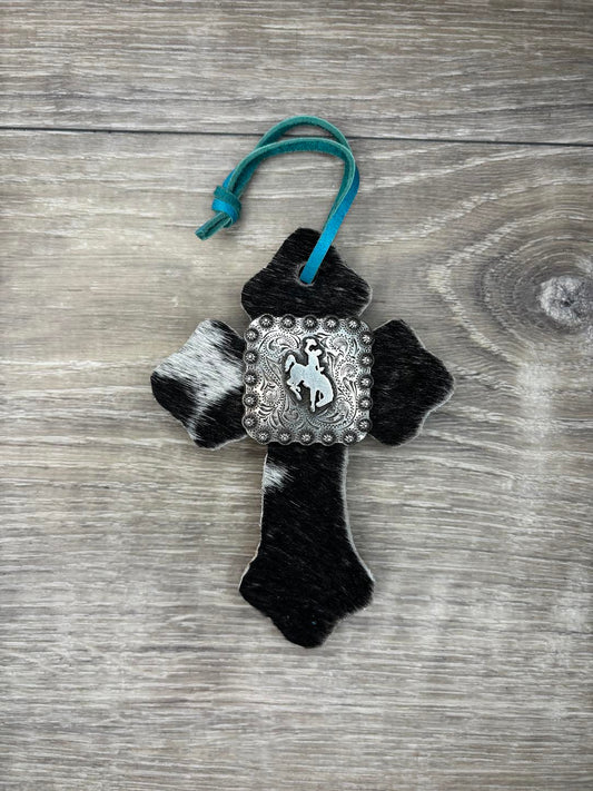 Saddle Cross - Black/White hide, silver bronc concho