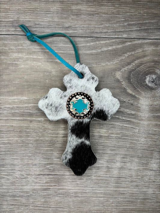 Saddle Cross - Black/White hide,  Turquoise/silver/copper concho