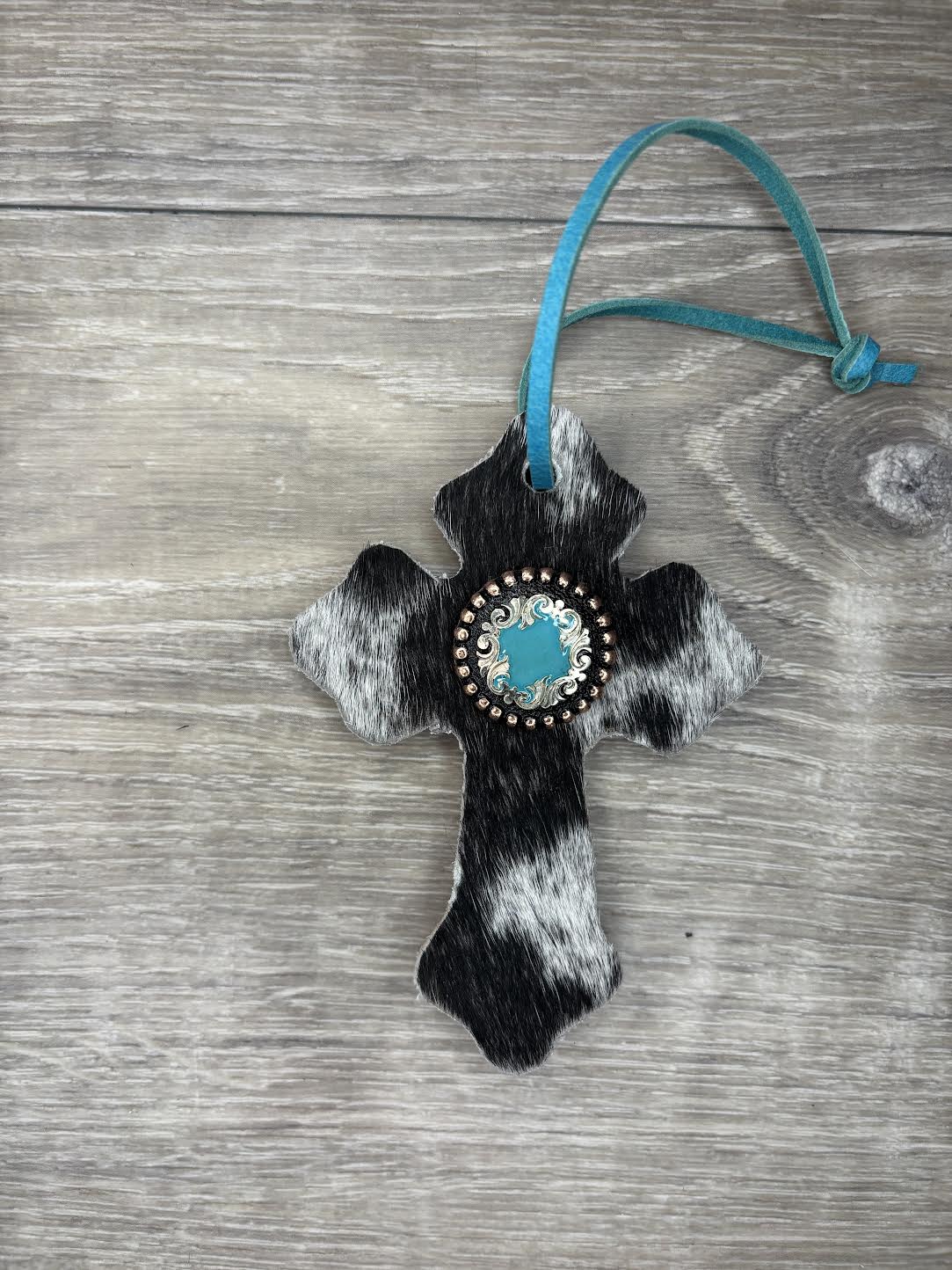 Saddle Cross - Black/White hide, Turquoise/silver/copper concho