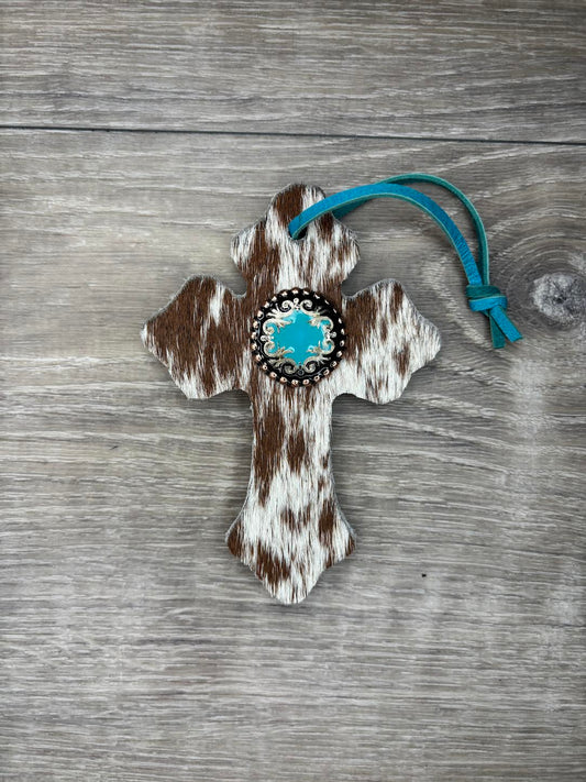 Saddle Cross - Brown/White hide,  Turquoise/silver/black concho