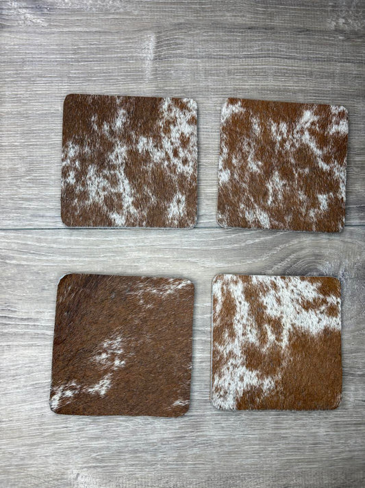 4 pack coasters - brown/white hair on hide