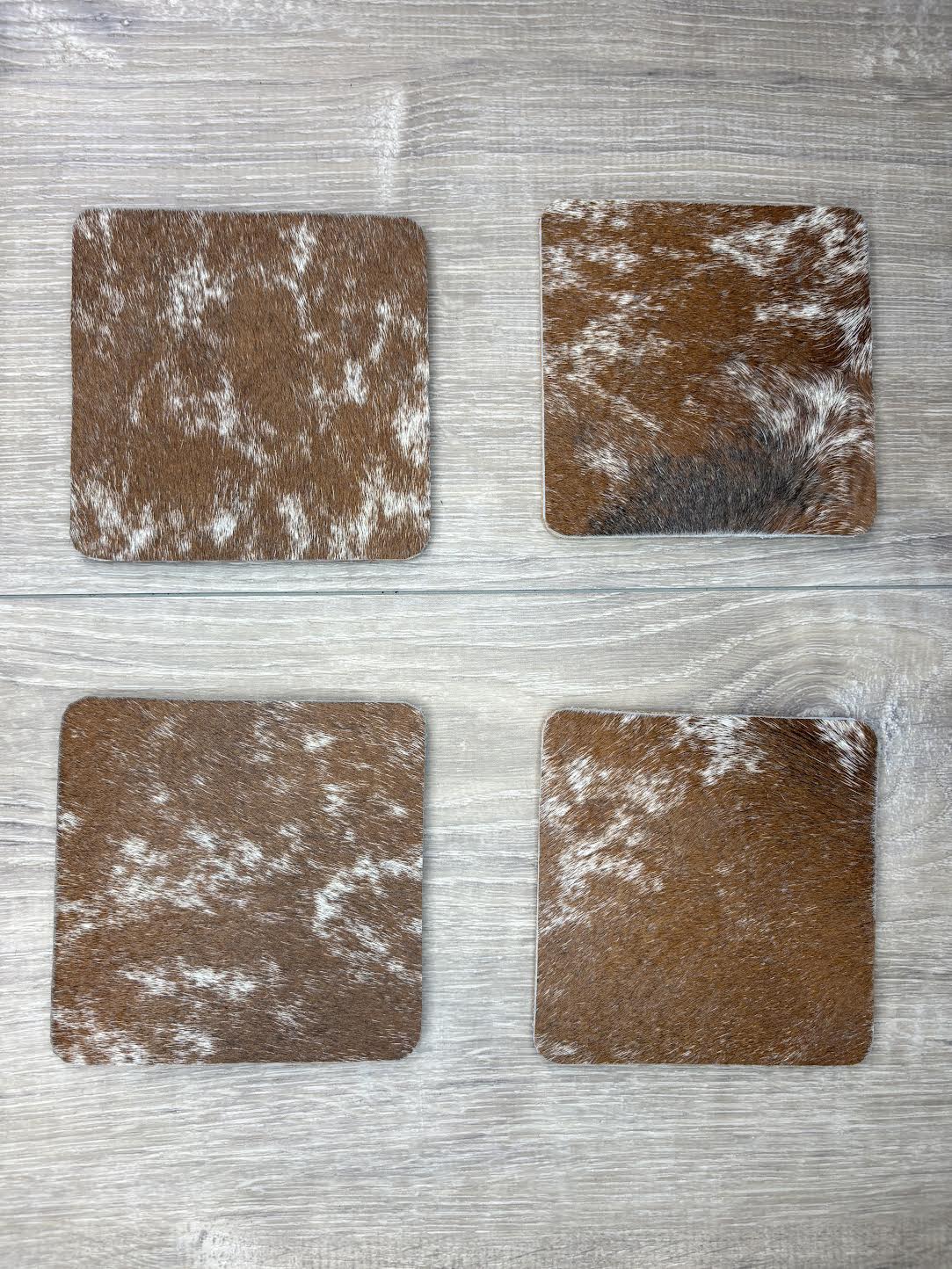 4 pack coasters - brown/white hair on hide