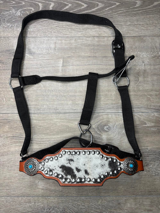Premier black/white cowhide bronc halter with flower and turquoise conchos