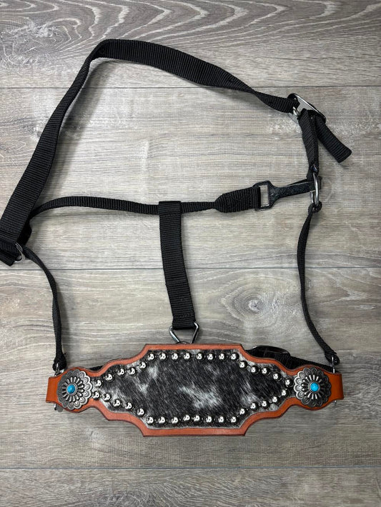 Premier black/white cowhide bronc halter with turquoise flower conchos