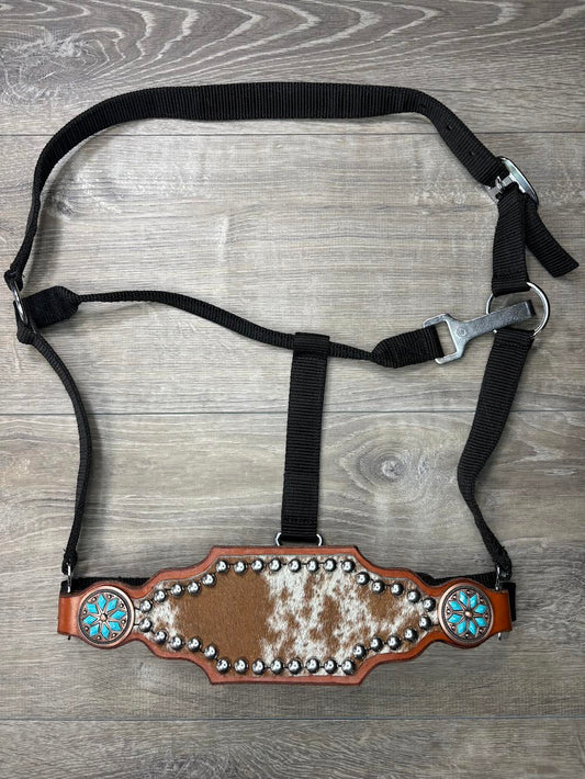 Premier brown/white cowhide bronc halter with turquoise conchos