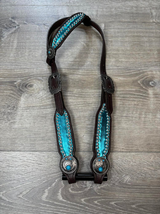 Metallic turquoise headstall and breastcollar set