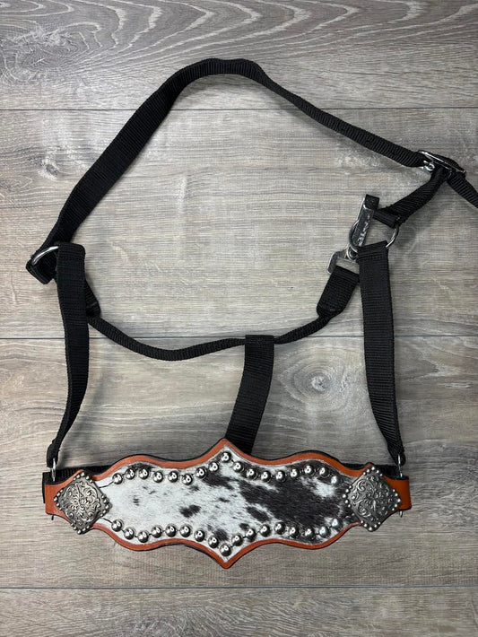 Regal black/white cowhide bronc halter with spots