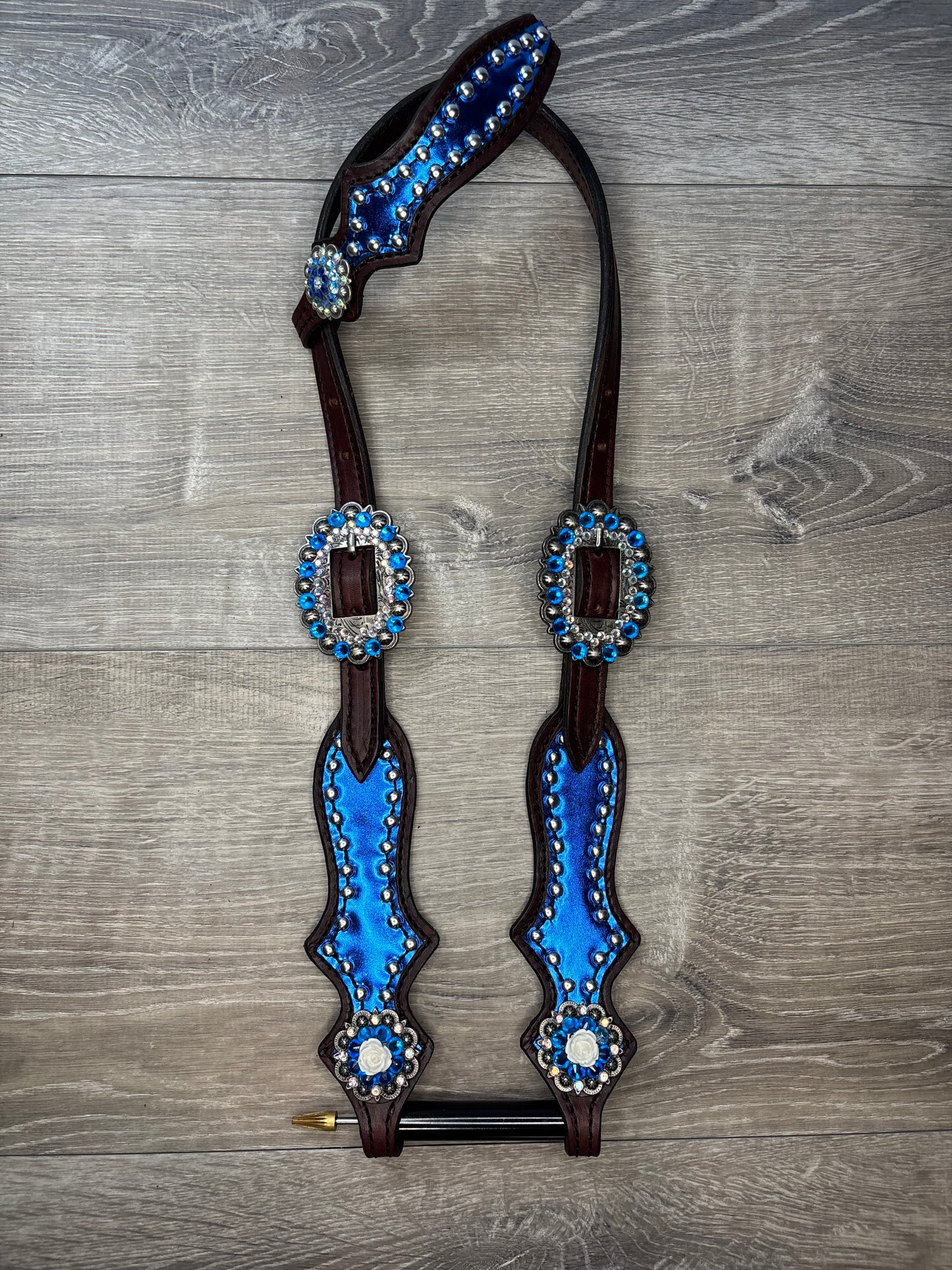 Royal blue head stalls with royal blue rhinestones and spots