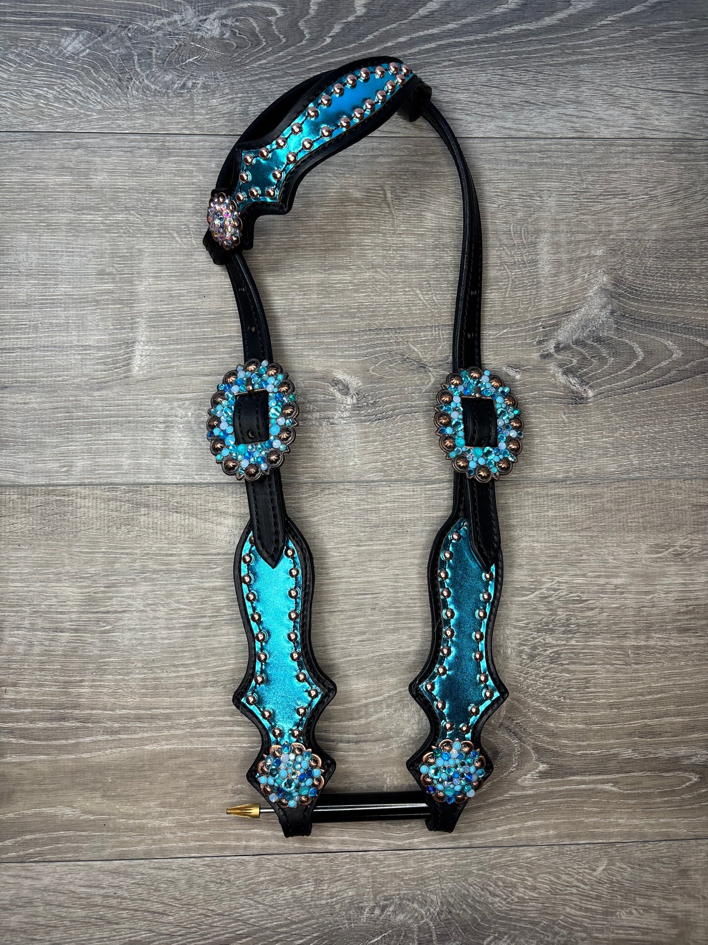 Metallic turquoise headstall with copper spots and blue and turquoise rhinestones