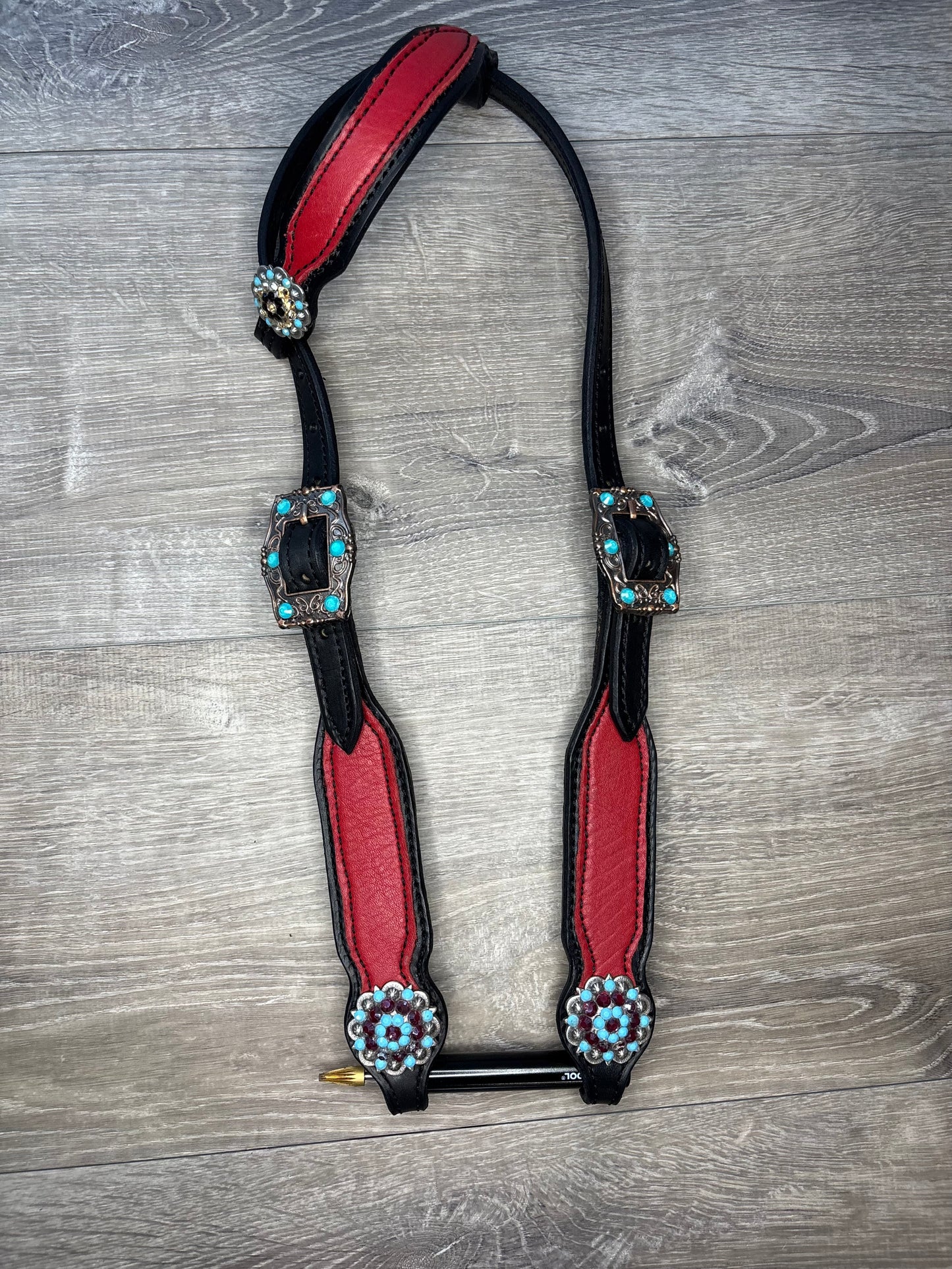 Red headstall with red and turquoise rhinestones