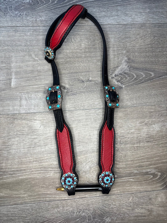 Red headstall with red and turquoise rhinestones