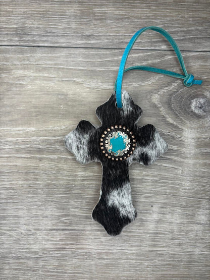 Saddle Cross - Black/White hide,  Turquoise/silver/copper concho