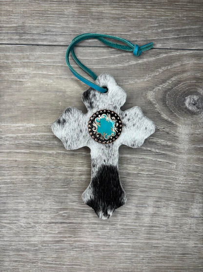 Saddle Cross - Black/White hide,  Turquoise/silver/copper concho