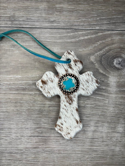 Saddle Cross - Brown/White hide,  Turquoise/silver/black concho