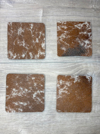 4 pack coasters - brown/white hair on hide