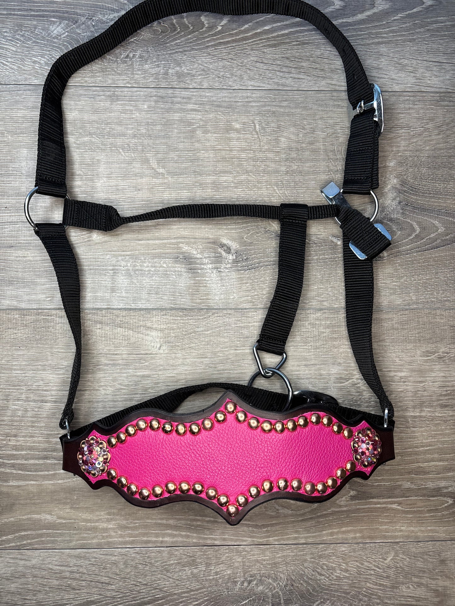 Regal bubblegum pink with crystal conchos and copper spots bronc halter