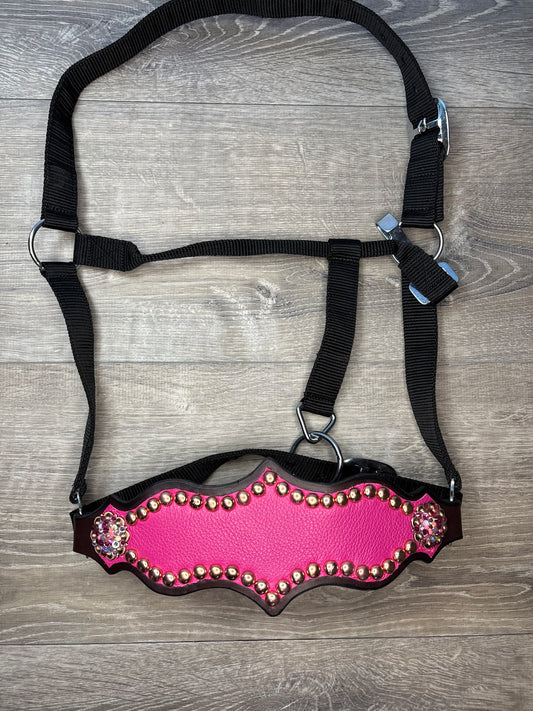 Regal bubblegum pink with crystal conchos and copper spots bronc halter
