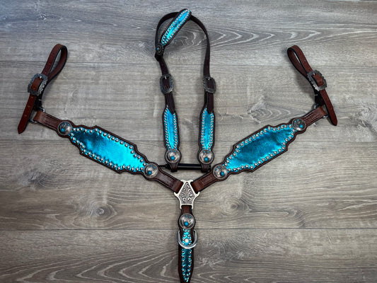 Metallic turquoise headstall and breastcollar set