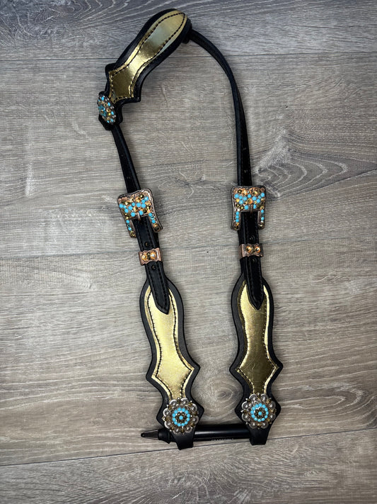 Gold headstall with gold and turquoise rhinestones
